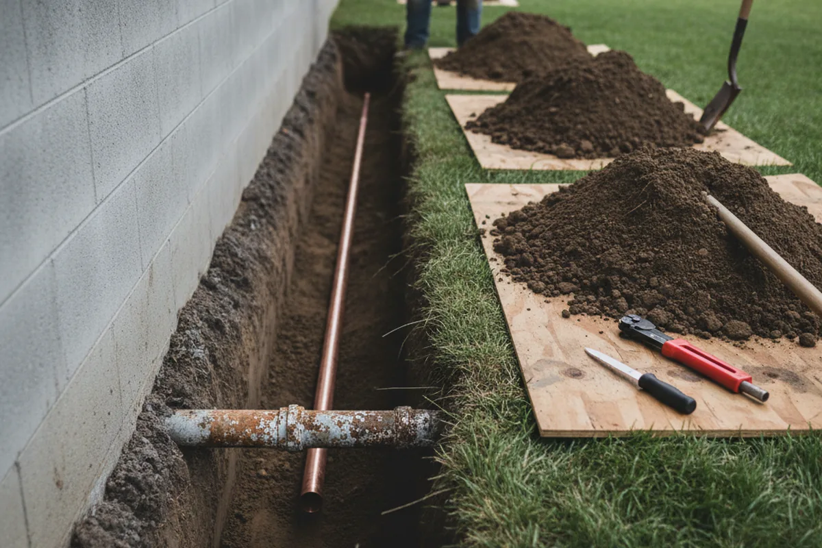Excavated water line trench during Water Softener Installation in Ijamsville
